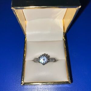 Silver Halo Ring with Blue Gemstone